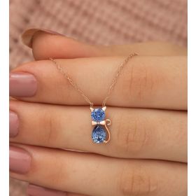 Nereze 925 Ayar Tanzanit Taşlı Kedi Kadın Gümüş Kolye