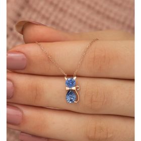 Nereze 925 Ayar Tanzanit Taşlı Kedi Kadın Gümüş Kolye