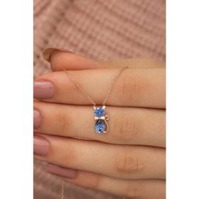 Nereze 925 Ayar Tanzanit Taşlı Kedi Kadın Gümüş Kolye