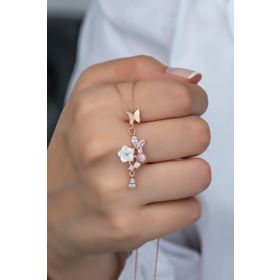 Nereze NRZ99365 Pembe Taşlı Kelebek Manolya Çiçeği 925 Ayar Gümüş Kolye