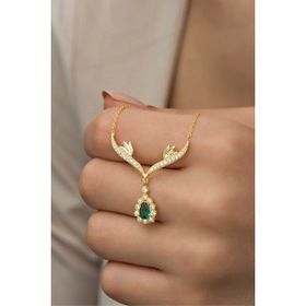 Nereze NRZ998431 Gold Yeşil Damla Taşlı Tasarım 925 Ayar Gümüş Kolye