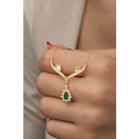 Nereze NRZ998431 Gold Yeşil Damla Taşlı Tasarım 925 Ayar Gümüş Kolye