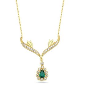 Nereze NRZ998431 Gold Yeşil Damla Taşlı Tasarım 925 Ayar Gümüş Kolye