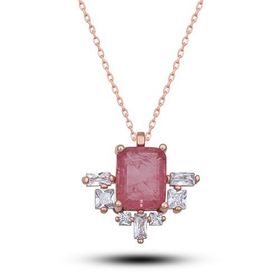 Nereze NRZ999353 925 Ayar Gümüş Yanları Baget Taşlı Pembe Tektaş Kadın Kolye