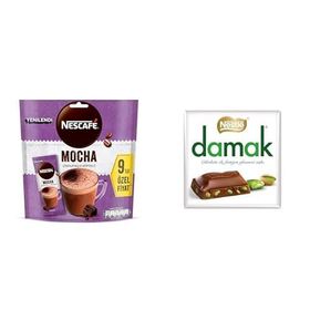 Nescafe 2 Adet 9x17 gr Mocha Çikolatalı ve Köpüklü Çözünebilir Kahve Karışımı + Nestle 3x60 gr Damak Antep Fıstıklı Sütlü Kare Çikolata
