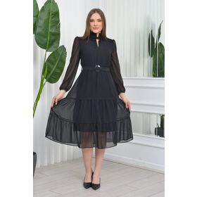Neşeli Butik NB7156 Kemerli Gipeli Midi Boy Siyah Şifon Elbise