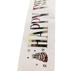 Nessi World 10 cm Genişlik Beyaz Üzeri Gümüş Büyük Happy Birthday Yazılı Simli Işıltılı Kuşak Kemer