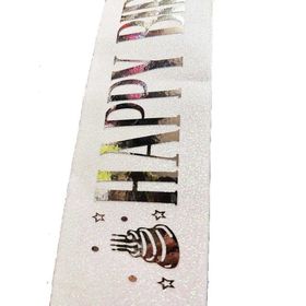 Nessi World 10 cm Genişlik Beyaz Üzeri Gümüş Büyük Happy Birthday Yazılı Simli Işıltılı Kuşak Kemer