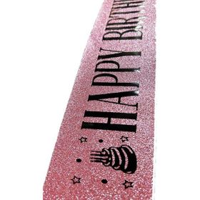 Nessi World 10 cm Genişlik Pembe Üzeri Siyah Büyük Happy Birthday Yazılı Simli Işıltılı Kuşak Kemer
