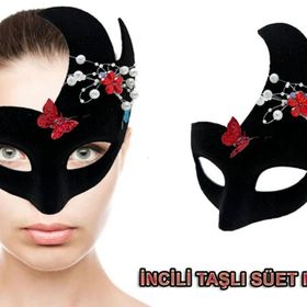 Nessi World 20x22 cm Siyah Renk İncili Taşlı Süet Kaplama Venedik Parti Maskesi