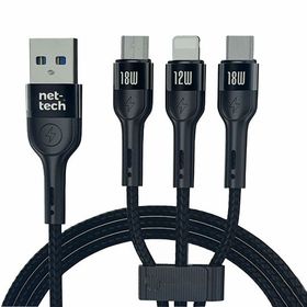 Nettech 100 cm USB to Micro + Lightning + Type-C İp Örgü Şarj ve Data Kablosu