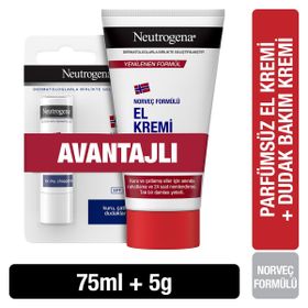 Neutrogena Norveç Formülü Parfümsüz 75 ml El Kremi + 4.8 gr Besleyici Dudak Nemlendiricisi