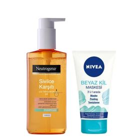 Neutrogena Sivilce Karşıtı 200 ml Yüz Temizleme Jeli + Nivea 150 ml Beyaz Kil Maskesi 3'ü1 Arada Maske