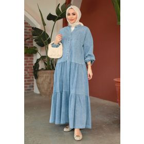 Neva Style 10622M Düğmeli Mavi Tesettür Kot Elbise