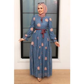 Neva Style 1216IM Çiçek Desenli İndigo Mavisi Tesettür Elbise