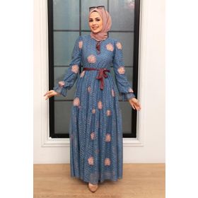 Neva Style 1216IM Çiçek Desenli İndigo Mavisi Tesettür Elbise