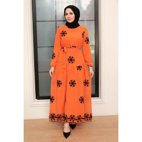 Neva Style 1332T Çiçek Desenli Turuncu Tesettür Elbise