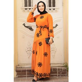Neva Style 1332T Çiçek Desenli Turuncu Tesettür Elbise