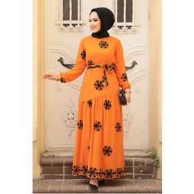Neva Style 1332T Çiçek Desenli Turuncu Tesettür Elbise