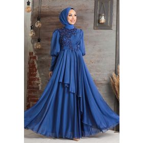 Neva Style 21930IM İnci Detaylı İndigo Mavisi Tesettür Abiye Elbise