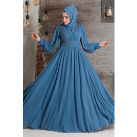 Neva Style 21940M Dantelli Mavi Tesettür Abiye Elbise