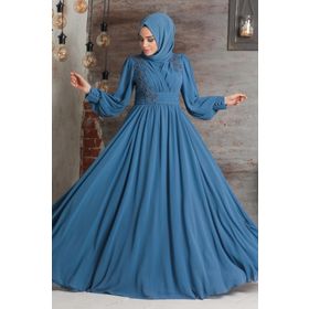 Neva Style 21940M Dantelli Mavi Tesettür Abiye Elbise