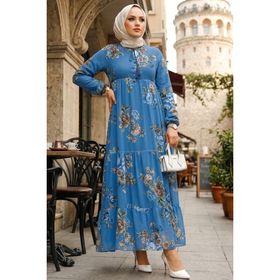Neva Style 22052IM Çiçek Desenli İndigo Mavisi Tesettür Elbise
