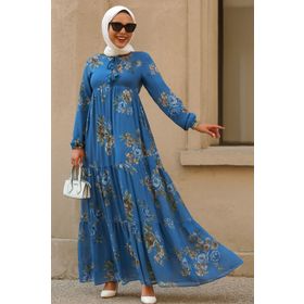 Neva Style 22052IM Çiçek Desenli İndigo Mavisi Tesettür Elbise