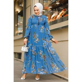 Neva Style 22052IM Çiçek Desenli İndigo Mavisi Tesettür Elbise