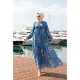 Neva Style 22052IM Çiçek Desenli İndigo Mavisi Tesettür Elbise