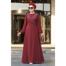 Neva Style 22153BR Boncuk Detaylı Bordo Tesettür Abiye Elbise