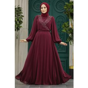 Neva Style 22153BR Boncuk Detaylı Bordo Tesettür Abiye Elbise