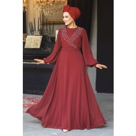 Neva Style 22153BR Boncuk Detaylı Bordo Tesettür Abiye Elbise