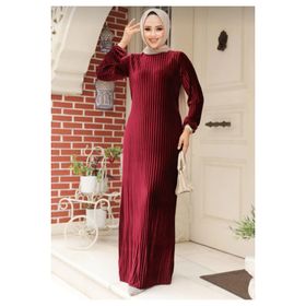 Neva Style 22751BR Pileli Bordo Kadife Tesettür Elbise