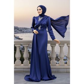 Neva Style 22891L Kuyruklu Lacivert Tesettür Saten Abiye Elbise
