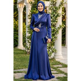Neva Style 22891L Kuyruklu Lacivert Tesettür Saten Abiye Elbise