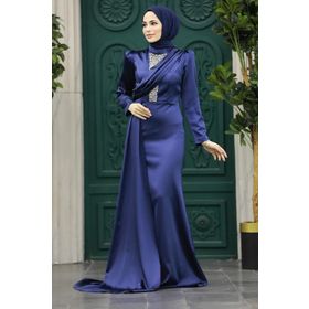 Neva Style 22891L Kuyruklu Lacivert Tesettür Saten Abiye Elbise