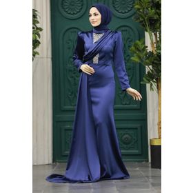 Neva Style 22891L Kuyruklu Lacivert Tesettür Saten Abiye Elbise