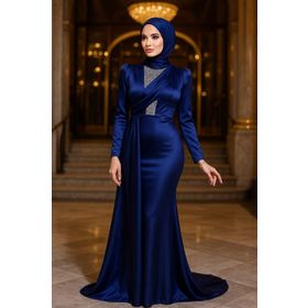 Neva Style 22891L Kuyruklu Lacivert Tesettür Saten Abiye Elbise