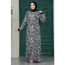 Neva Style 22970E Yaprak Desenli Ekru Tesettür Elbise