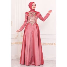 Neva Style 2308KRMT Payet Detaylı Tafta Kiremit Tesettür Abiye Elbise