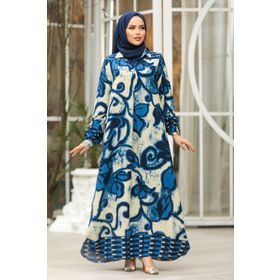 Neva Style 23171IM Çiçek Desenli İndigo Mavisi Tesettür Elbise