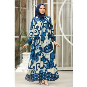 Neva Style 23171IM Çiçek Desenli İndigo Mavisi Tesettür Elbise