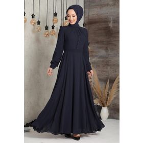 Neva Style 2703L Detaylı Lacivert Düğme Tesettür Elbise