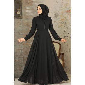 Neva Style 2703S Detaylı Siyah Düğme Tesettür Elbise