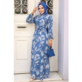 Neva Style 279016IM Çiçek Desenli İndigo Mavisi Tesettür Elbise