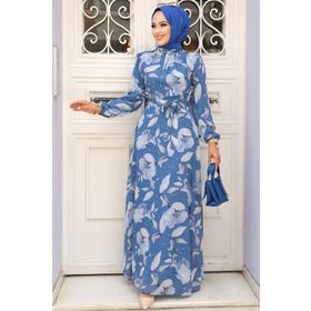Neva Style 279016IM Çiçek Desenli İndigo Mavisi Tesettür Elbise
