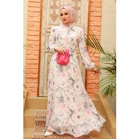 Neva Style 279019E Çiçek Desenli Ekru Tesettür Elbise