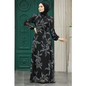 Neva Style 279310S Yaprak Desenli Siyah Tesettür Elbise