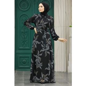 Neva Style 279310S Yaprak Desenli Siyah Tesettür Elbise